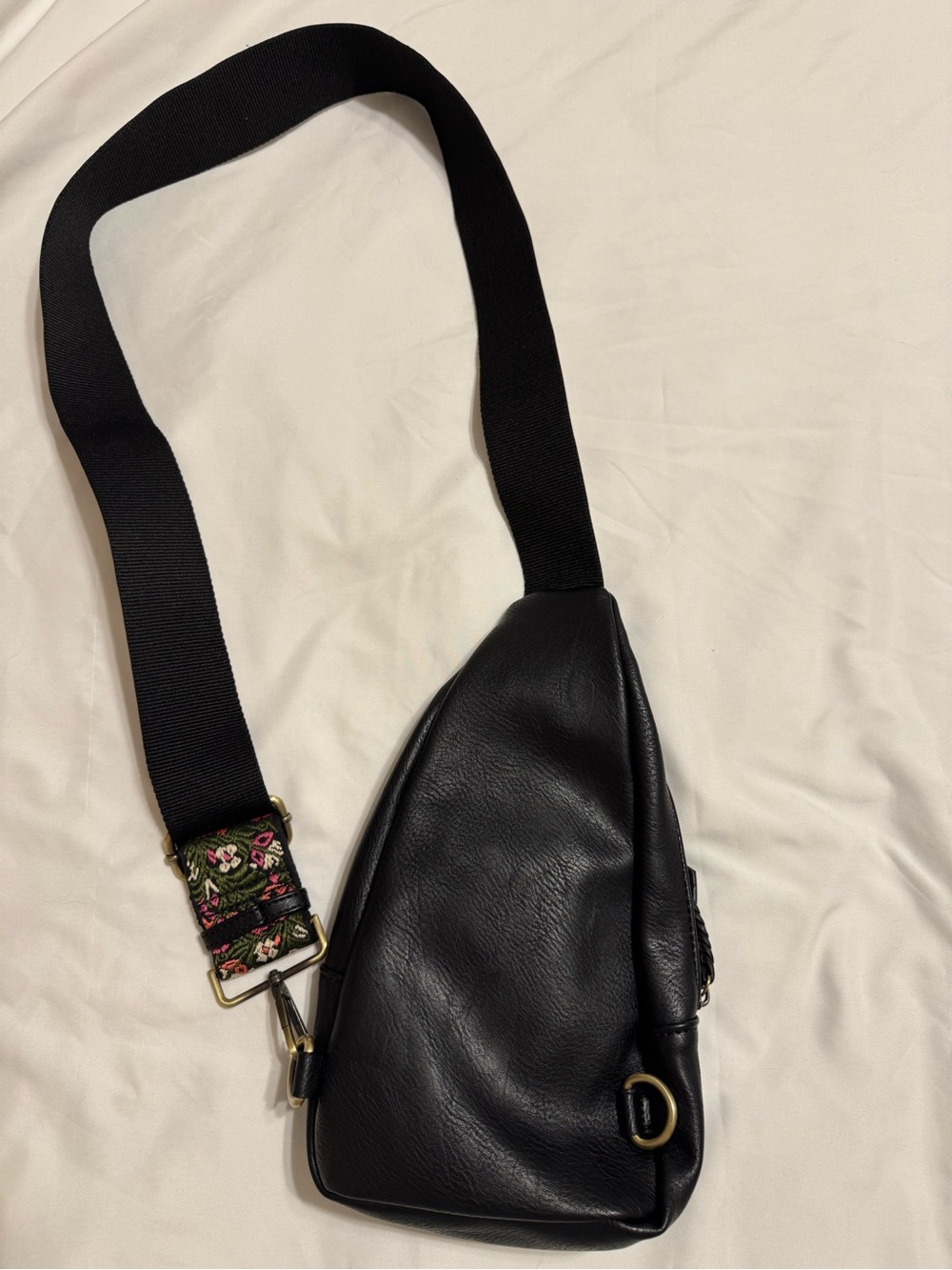 Antik Kraft Black Leather Crossbody Bag with Pink and Green Floral Strap - Picture 2 of 10